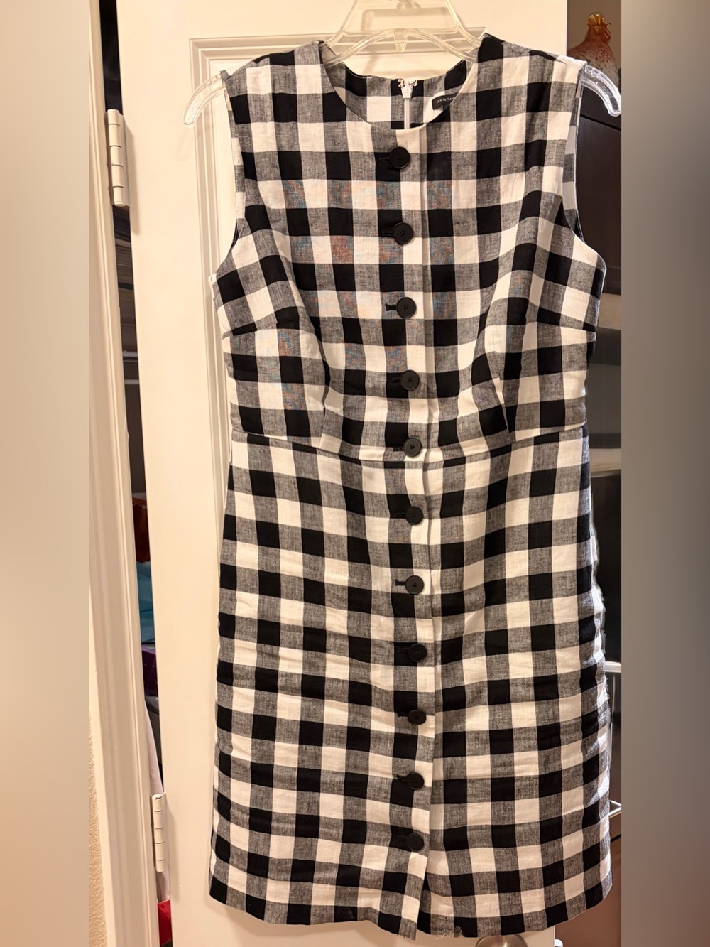 Ann Taylor Black & White Gingham Linen Sleeveless Button-Front Midi Dress - Picture 7 of 8